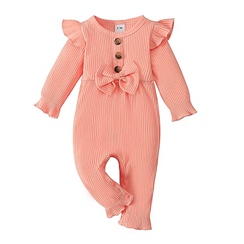 Image of Hearyoo Newborn Baby Girl Clothes Ruffle Sleeve Romper Solid Ribbed Bodysuit Jumpsuit Cute Infant Outfits for Girls