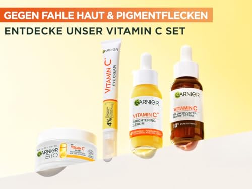 Garnier Vitamin C Set Glow Booster Set für Tag und Nacht aus Brightening Anti-Dark-Spot Serum, Vitamin C Glow Booster Augenpflege Vitamin C Glow Booster Nachtserum und Vitamin C Tagescreme, 4 teilig