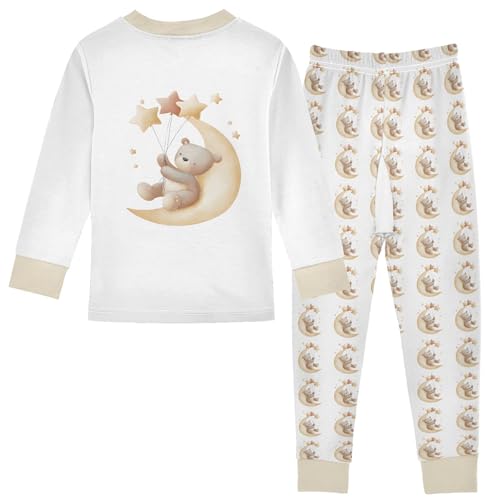 Cartoon Pajamas Set Cute Bear Sitting on The Moon Long Sleeve PJs Cotton Jammies Sleepwear Top and Pants Multicolor2