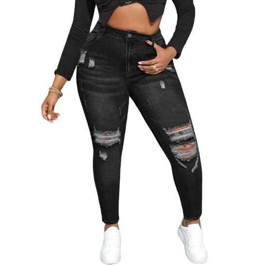 Plus Size Women's Distressed Skinny Fit Denim Jeans - Casual Ripped Design with Medium Stretch and Pockets