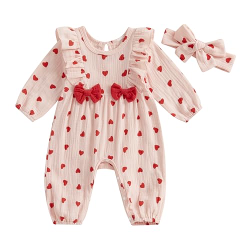 Image of Dcohmch Infant Baby Girl Valentine's Day Outfit Heart Print Romper Long Sleeve Ruffled Jumpsuit Headband Newborn Clothes