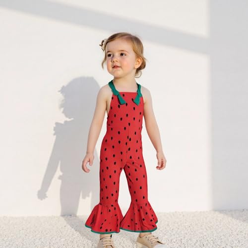 Emmababy Toddler Bell Bottom Romper Girl Watermelon Outfit Strawberry Flare Jumpsuit Kids Wide Leg Overalls Summer Clothes2