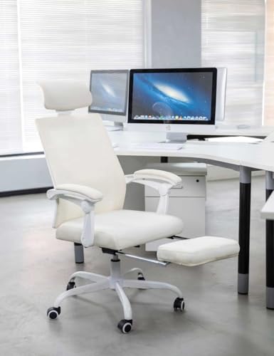 UEV Bürostuhl Ergonomisch mit verstellbare Fuß-/Lenden-/Kopfstütze, Schreibtischstuhl Drehstuhl Gaming Stuhl atmungsaktiv Mesh Stoff, höhenverstellbar neigbar bis 135° Beige