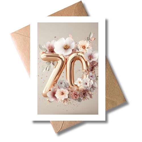 WBdesignz Geburtstagskarte 70. Geburtstag - Alles Gute zum Geburtstag mit Umschlag - Edle Glückwunschkarte mit goldenen Ballon-Zahlen & Blumenmotiv für Frauen - zum siebzigsten Geburtstag (DIN A6)