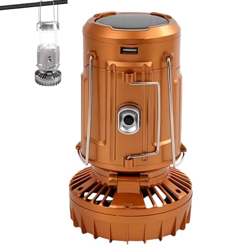 Solar Camping Lantern with Fan,Rechargeable Camping Fans Charging,Waterproof Camping Lantern Operated with Foldable Handle,Portable Outdoor LED Camping Lights,Gold