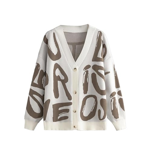 Image of Women's Knit Long Sleeve Open Front Cardigan V-Neck Button Down Letter Pattern Sweater Coat Outwear