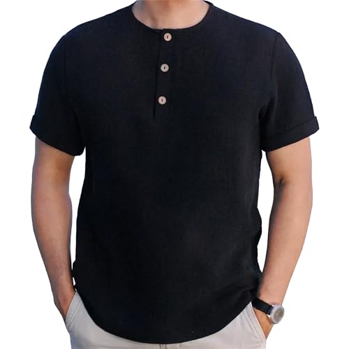 VgueElegc Men's Crew Neck Henley Shirt Tees Solid Color Soft Beach T-Shirt Short Sleeve Quarter Golf Shirts (Black,Medium)