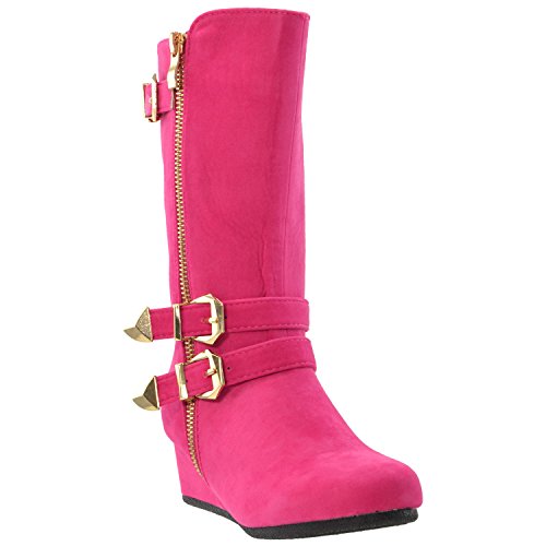 Girls Boots Mid Calf Knee High Wedge Heels Casual Shoes Buckles Zipper Fuchsia SZ 9 Toddler