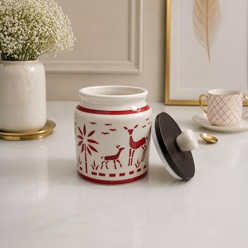 Image of Ceramic Kitchen Jars for Storage | Air Tight Containers with Wooden Lids | Masala, Salt, Pickle, Dry Fruits & Multi Utility Items Organiser Set (Hand-Painted, Red Deer, 450 ML, Pack of 1)