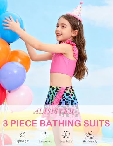 Image of ALISISTER Girls Swimsuit 3 Piece Bathing Suits Summer Bikini Tankini Sets with Cover Up Skirt for 4-12 Years