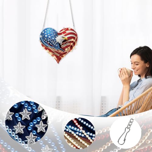 Image of 4th of July Diamond Art Hanging Kits for Adults, American Eagle Pendant | DIY Diamond Painting Suncatchers Kits, Acrylic Home Garden Decor with Chain, Independence Day Craft