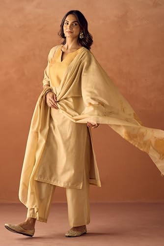 Image of FIORRA Women Beige Cotton Jacquard Woven Kurta Set with Dupatta