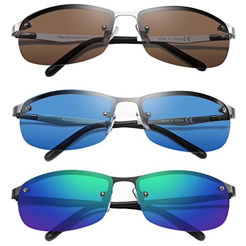 Image of 3 Pack Polarized Sunglasses for Men, Semi-Rimless Frame Driving Fishing Sun glasses UV400 Block Glare /Blue Light