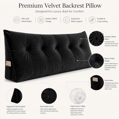 Image of Luxury Velvet Tufted Wedge Pillow with Side Pocket - Soft Headboard Back Support Cushion for Bed, Sofa & Floor Seating - Black Color