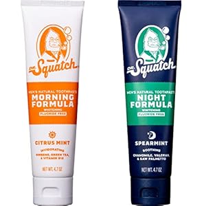 Dr. Squatch Enamel Whitening Toothpaste Equipment – Day and Night time Flouride Free Pure Toothpaste (1 Citrus Mint + 1 Sooth Spearmint Tooth Paste) 4.7 oz Tubes