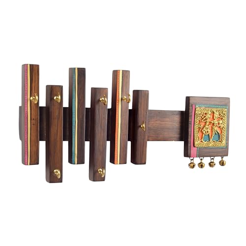 Image of AAKRITI ART CREATIONS Key Holder, Tribal Elegance Key Hanger | Rustic Wood Wall Organizer with 7 Hooks | New Home Gifts | Multifunctional Entryway Decor Item
