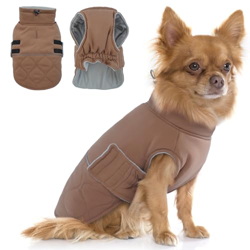 Hjumarayan Wintermantel Hund Klein, Winterjacke Geschirröffnung, Hundemantel Gefüttert Kleidung Mantel für Chihuahua, Zwergspitz, Yorkshire Terrier (Braun XS)