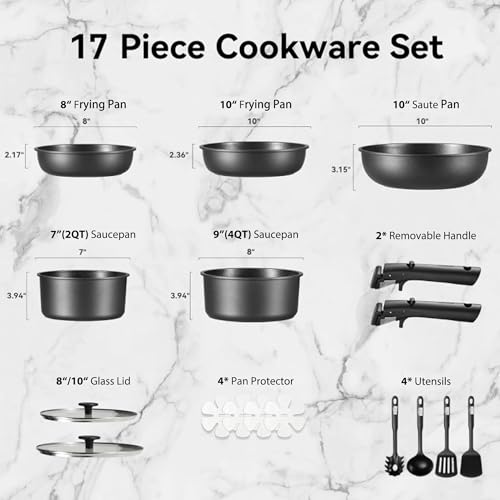CAROTE 17Pcs Pots and Pans Set Non Stick, Cookware Set Detachable Handle, Nonstick Induction Kitchen Sets Non Stick with Removable Handle, RV Cook Ware, Oven Safe, Black