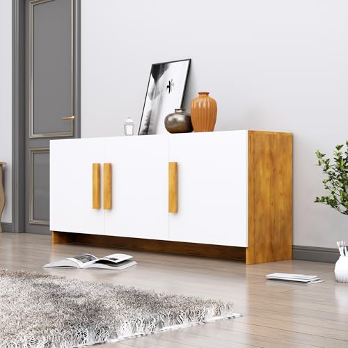 Image of Bniture Wooden Storage Cabinet for Living Room Large | Wooden Sideboard Cabinet with 3 Door | Multipurpose Storage Cabinet Organizer for Home Hallway, Bedroom & Kitchen | Giant Wood & Frosty White