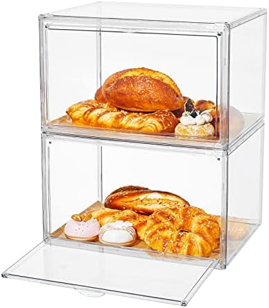 Bread Box for Kitchen Countertop, 2 Packs Stackable Bread Storage Container, Bread Keeper for Homemade Bread Holder, Clear Bread Boxes with Bread Paper, Large Bread Bin for Bread, Rolls, Muffin