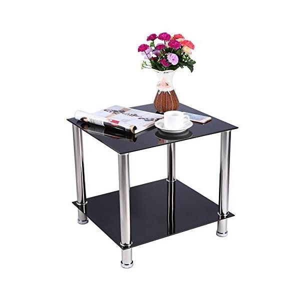 Yosoo 2 Tier End Table Coffee Table Side Table Display Stand or Lamp Table with Tempered Glass Shelves and Chrome Leg, 20''x18''x18'', Black