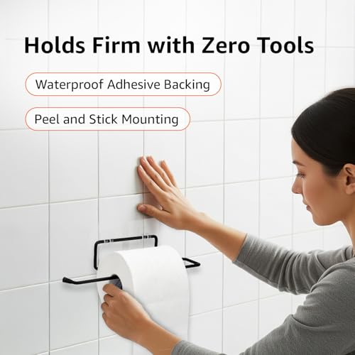 Image of Amazon Basics Self-Adhesive Toilet Paper Holder | Wall-Mounted Bathroom Tissue Roll Hanger | Rust Proof GI Steel with Powder-Coated Black Finish | 24.8L X 5.47W x 4.8H cm, Pack of 2