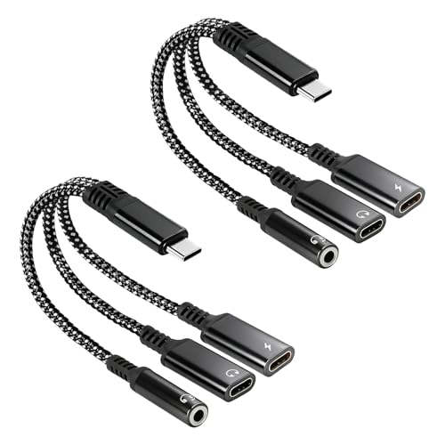 2 Pcs 3 in 1 Dual Type C Aux Splitter Charger, USB C to 3.5mm Headphone and Charger Adapter, Fits...