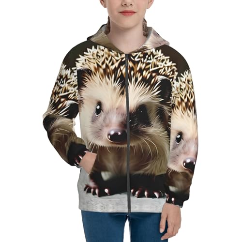 Cute hedgehog Print Girls Athletic Zip Up Hoodies,Sweatshirts with Pockets Long Sleeve Hooded Jackets, for 7-18 Y2