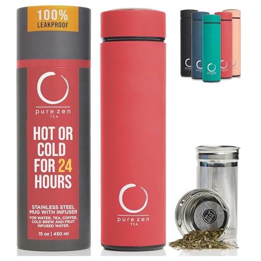 Pure Zen Tea Thermos with Infuser - Insulated Tea Infuser Bottle for Tea, Coffee and Fruit-Infused Water - Portable Travel Tea Mug with Infuser and Lid - Unique Gifts for Women - 15oz Tea Bottle Red
