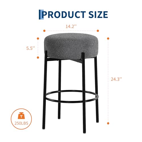 Butacos redondos IDEALHOUSE de 24", set de 2 unidades, estilo minimalista moderno con asiento suave de lana y patas metálicas sin respaldo para isla de cocina, bar o comedor miniatura 3