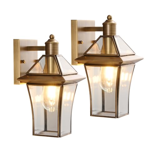 Hemali Waterproof Brass Outdoor Wall Lanterns (2-Pack) - E26 Socket & Glass Shade Exterior Wall-Mounted Lights, Rustproof Modern Sconces for Front Door, Porch, Yard & Entryway