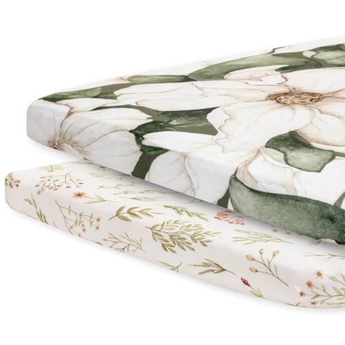 Image of Pobibaby - 2 Pack Premium Pack N Play Sheets Fitted for Standard Pack and Plays and Mini Cribs - Ultra-Soft Cotton Blend, Stylish Floral Pattern, Safe and Snug for Baby (Zephyr)