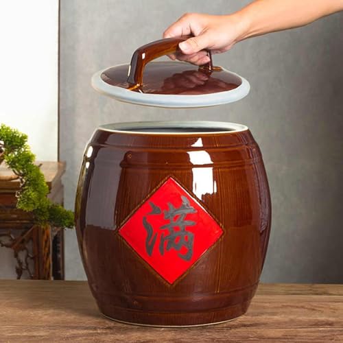 Recipiente de cerámica para arroz con tapa, recipiente para almacenar arroz, dispensador de alimentos, cilindro de cerámica para arroz, contenedor para arroz, harina y alimento para mascotas (48 x 38