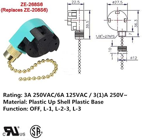 2 pack Ceiling Fans Replacement Parts 268S6, Ceiling Fan Switch 3 Speed 4 Wire Pull Chain Cord Switch Appliances Replacement Speed Control for Ceiling Fans Wall Lamps-Gold