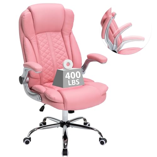 400lbs Executive Office Chair with Flip-Up Armrests Big and Tall Computer Chair for Heavy People Heavy Duty Ergonomic Comfy Chair Breathable PU Leather (Pink)