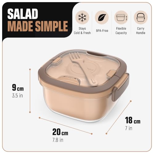 Image of Salad Container with Ice Pack & Handle, 6.8 Cup / 1600ml Large Portable Salad Bowl Lunch Box with Lid, Fork Holder & Sauce Cup, 4-Compartment Removable Tray Meal Prep Bento Box, Brown