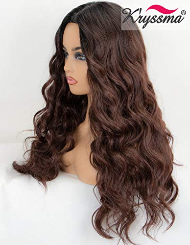 K'ryssma Dark Brown Wig Ombre Synthetic Wig with Dark Roots Long Wavy Brown Ombre Wigs for Women Full Machine Made Wig 22 inches