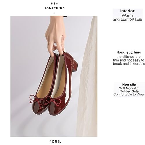 Image of Women's Classic Closed Round Toe Patent Leather Bow Block Heel Loafers - Retro Shallow Slip-On Low Heel Casual Office Dress Shoes