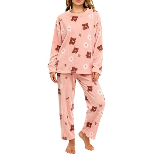 Conjuntos de pijamas de forro polar para mujer, pijamas de invierno para mujer, ropa de descanso de ajuste suelto con lindo estampado, ropa de dormir suave y cómoda de manga larga, trajes de ocio