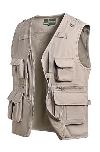 MeiLayM Herren Outdoor Weste Anglerweste mit Multi-Taschened Sommer Freizeit Baumwolle Weste Hundeweste Leicht Safari Weste Fotografie Weste Camping Wandern Ärmellos Jacke Beige,M