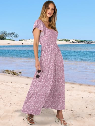 ANRABESS Women’s Casual Summer Maxi Dress Flutter Short Sleeve Scoop Neck Smocked A Line Flowy Beach Vacation Long Dresses