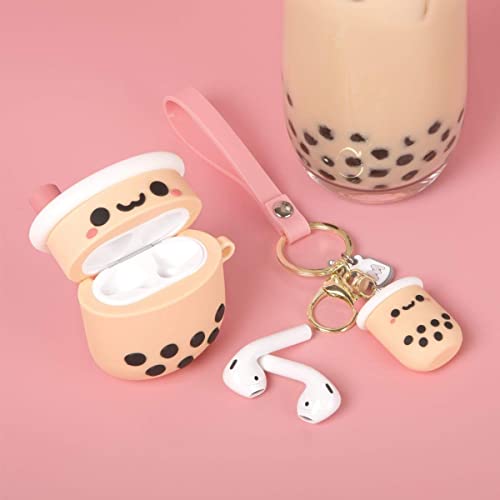 Cute Airpod Case Cover With Keychain Girly Pink Boba Milk Tea Design Compatible With Airpods 2&1 Charging Case For Women And Girls #TOP2