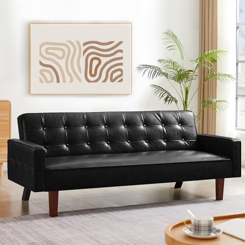 Image of Faux Leather Couch, Mid Century Modern Sofa with Memory Foam, Comfy 3 Seater Couch for Small Spaces, Living Room, Office, Black