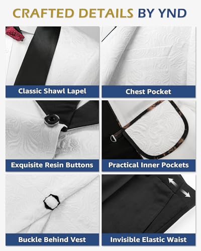 YND Men's 3 Piece Luxury Tuxedo Set, Jacquard Slim Fit Shawl Lapel Jacket Vest & Pants with Bow Tie, Premium Tuxedo for Men3