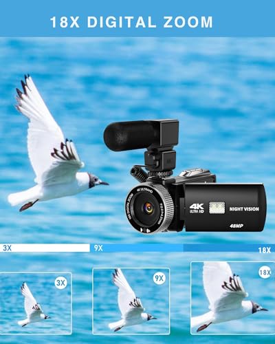 4K Camcorder Video Camera with IR Night Vision, 64MP Vlogging Camera for YouTube with External Mic, 18X Zoom & 3.0” Flip Touchscreen, Includes 2 Batteries, 64GB Card & Remote Control - Image 4