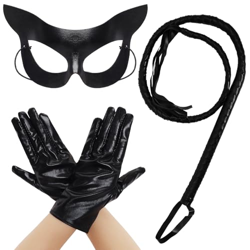 Women Black Cat Ear Mask Black Whip Leather Glove Costume Accessories Set for Women Halloween Cosplay Masquerade Party (Black Cat Style)
