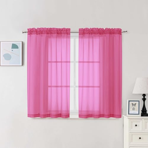 Image of Chyhomenyc Sheer Curtains 54 Inch Long 2 Panels Set, Light Filtering Short Soft Airy Short Cafe Curtains, Modern Rod Pocket for Dinning Living Room Bedroom, Each 42Wx54L in, 2PCS, Hot Pink