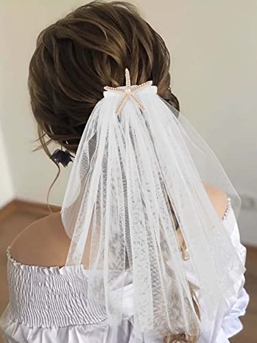 Jonky Wedding Starfish Veil Hair Combs White Tulle Bridal Short Veils Hair Side Comb Hair Bow Set Bachelorette Party Bridal Hair Accessories For Bride And Bridesmaids（Pack Of 2） #TOP4