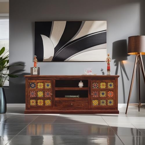 Image of Solid Wood TV Unit for Living Room 55 Inch Furniture - Wooden TV Unit with Storage Cabinet with 1 Drawr, 6 Shelves Wooden TV Cabinet for Living Room - Fits up to 55-Inch TV (Bennett)