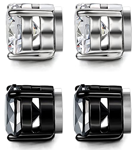 Siispri 2 Pairs Stainless Steel Magnetic Stud Earrings For Men Women Non-Piercing Cz Clip On Cz Earrings Hypoallergenic(Black + Silver)6Mm-8Mm (8Mmblack + Silver) #TOP2